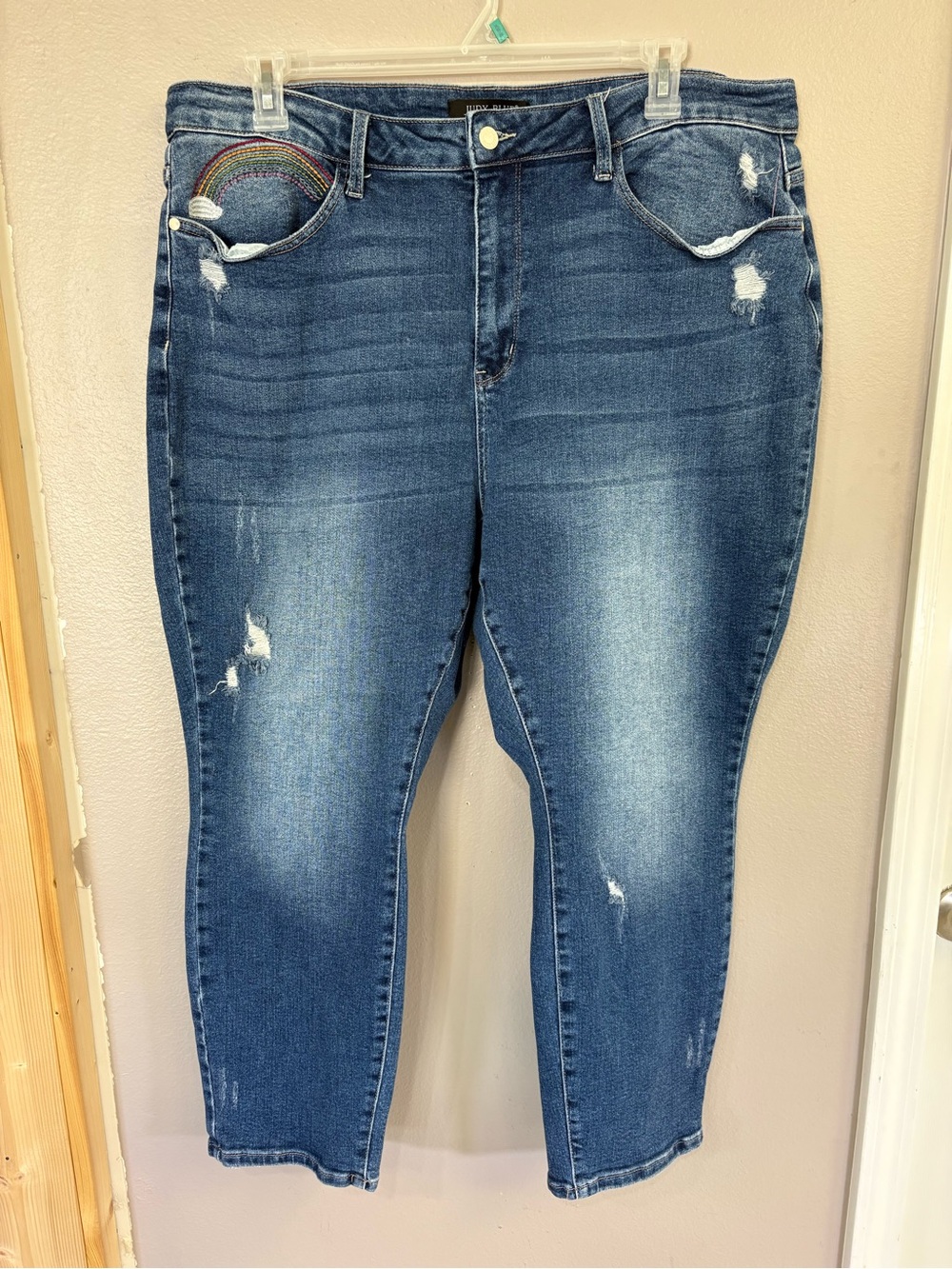 Judy Blue Medium Blue Distressed Ankle Jeans with Rainbow Pocket Accent